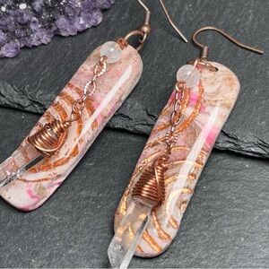 Artisan Designed Moonstone Clear Quartz Earrings With Pink and Copper Chain